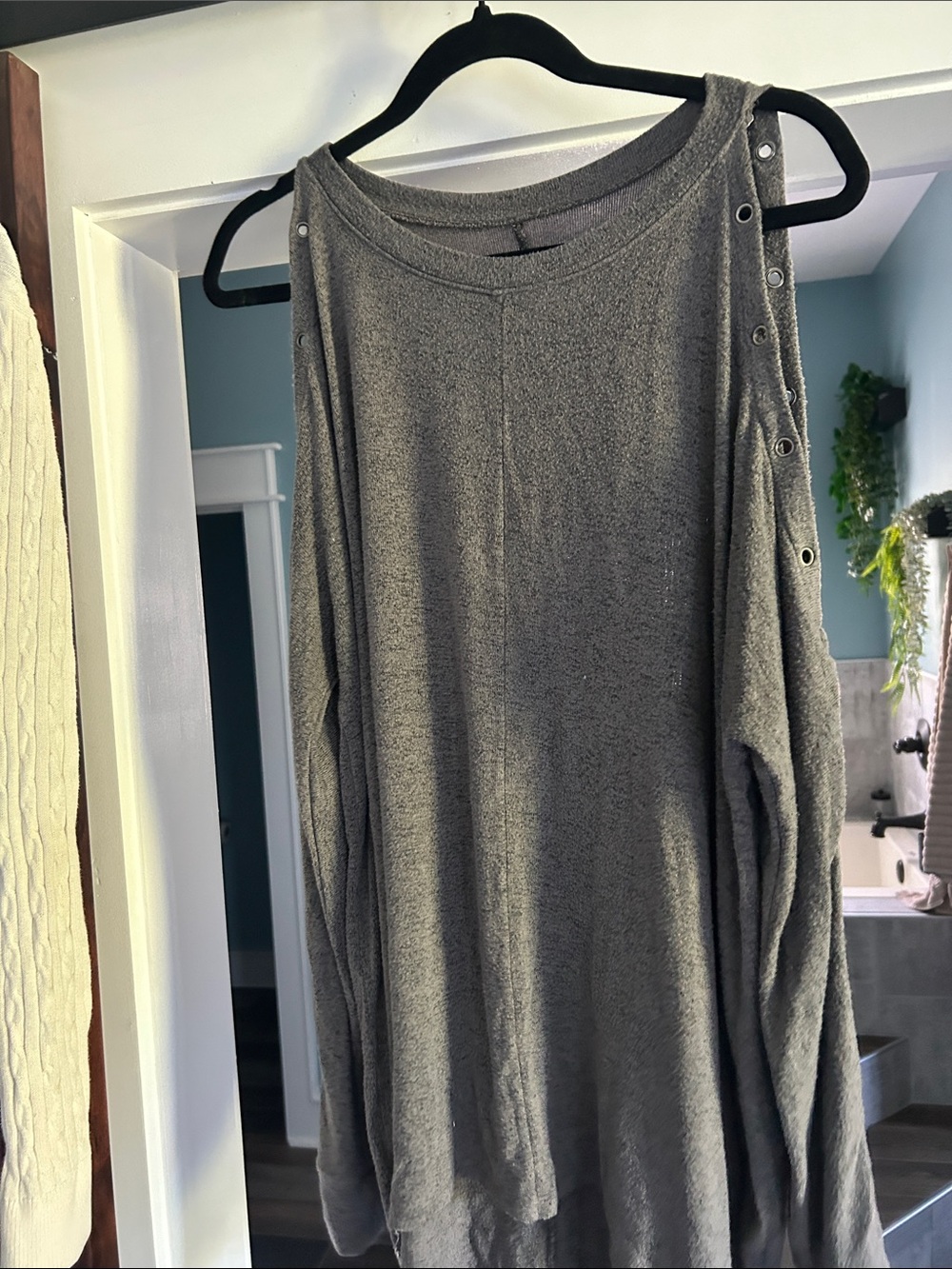 American Eagle Outfitters Gray Off-the-Shoulder Eyelet Sweater